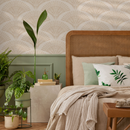 Scalloped Wallpaper with a Stylized Palm Frond Motif in Beige and Cream - C545