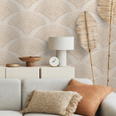 Scalloped Wallpaper with a Stylized Palm Frond Motif in Beige and Cream - C545