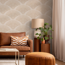 Scalloped Wallpaper with a Stylized Palm Frond Motif in Beige and Cream - C545
