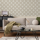 Geometric Wallpaper with a Stylized Fan Motif in White and Beige - C558