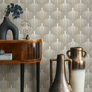 Geometric Wallpaper with a Stylized Fan Motif in White and Beige - C558