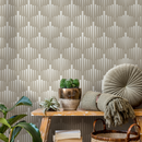 Geometric Wallpaper with a Stylized Fan Motif in White and Beige - C558