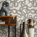 Snake Wallpaper with an Intricate Serpentine Motif in Cream and Dark Taupe - C576