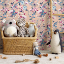 Floral Wallpaper with a Vintage Wildflower Motif in Pink, Blue, and Peach - C583