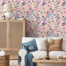 Floral Wallpaper with a Vintage Wildflower Motif in Pink, Blue, and Peach - C583