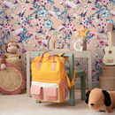Floral Wallpaper with a Vintage Wildflower Motif in Pink, Blue, and Peach - C583