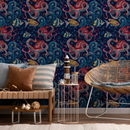 Coastal Wallpaper with an Embroidered Octopus and Fish in Blue, Red, and Yellow - C595