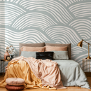 Coastal Wallpaper Featuring Abstract Rolling Waves in Soft Sage and White - C599