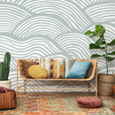 Coastal Wallpaper Featuring Abstract Rolling Waves in Soft Sage and White - C599
