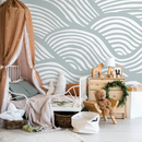 Coastal Wallpaper Featuring Abstract Rolling Waves in Soft Sage and White - C599