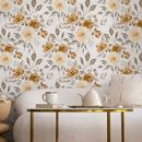 Floral Wallpaper with a Watercolor Rose Motif in Yellow, Gold, and Taupe - C615