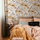 Floral Wallpaper with a Watercolor Rose Motif in Yellow, Gold, and Taupe - C615