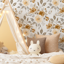 Floral Wallpaper with a Watercolor Rose Motif in Yellow, Gold, and Taupe - C615