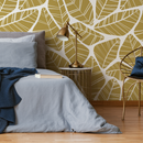 Botanical Wallpaper with a Graphic Leaf Motif in Mustard and White - C619