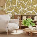 Botanical Wallpaper with a Graphic Leaf Motif in Mustard and White - C619