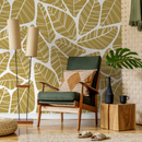 Botanical Wallpaper with a Graphic Leaf Motif in Mustard and White - C619