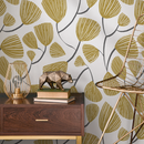 Botanical Wallpaper with Stylized Ginkgo Leaves in Yellow and Gray - C631