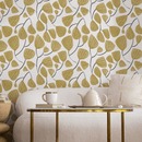 Botanical Wallpaper with Stylized Ginkgo Leaves in Yellow and Gray - C631