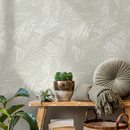 Tropical Wallpaper with Sketched Palm Fronds in Light Greige and Cream - C654