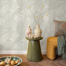 Tropical Wallpaper with Sketched Palm Fronds in Light Greige and Cream - C654