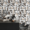 Abstract Wallpaper with Mid-Century Lines and Shapes in Black, Brown, and Beige - C673