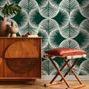 Botanical Wallpaper with a Modern Palm Fan Motif in Green and White - C688