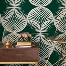 Botanical Wallpaper with a Modern Palm Fan Motif in Green and White - C688