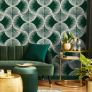 Botanical Wallpaper with a Modern Palm Fan Motif in Green and White - C688
