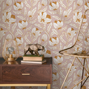 Art Nouveau Wallpaper with a Stylized Floral Motif in Pink, Cream, and Gold - C695
