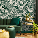 Abstract Wallpaper with a Bold Leaf Motif in Green and Cream - C706