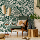 Abstract Wallpaper with a Bold Leaf Motif in Green and Cream - C706