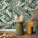 Abstract Wallpaper with a Bold Leaf Motif in Green and Cream - C706