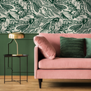 Abstract Wallpaper with a Bold Leaf Motif in Green and Cream - C706