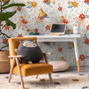 Floral Wallpaper with a Cute Folk Art Motif in Red, Yellow, and Blue - C710