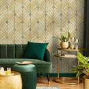 Art Deco Wallpaper with a Geometric Fan Motif in Gold and Sage Green - C722