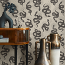 Celestial Wallpaper with Mystical Snakes and Moons in Charcoal and Beige - C723