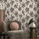 Celestial Wallpaper with Mystical Snakes and Moons in Charcoal and Beige - C723