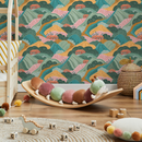 Mountain Wallpaper Featuring Rolling Hills and Cabins in Green, Orange, and Pink - C725