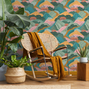 Mountain Wallpaper Featuring Rolling Hills and Cabins in Green, Orange, and Pink - C725