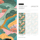 Mountain Wallpaper Featuring Rolling Hills and Cabins in Green, Orange, and Pink - C725