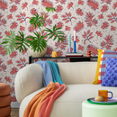 Floral Wallpaper with a Stylized Botanical Print in Coral, Beige, and Blue - C767