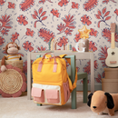 Floral Wallpaper with a Stylized Botanical Print in Coral, Beige, and Blue - C767