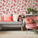 Floral Wallpaper with a Stylized Botanical Print in Coral, Beige, and Blue - C767