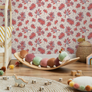 Floral Wallpaper with a Stylized Botanical Print in Coral, Beige, and Blue - C767
