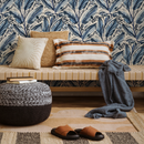Botanical Wallpaper Featuring Watercolor Leaves in Blue and Black - C780