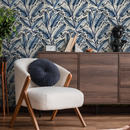 Botanical Wallpaper Featuring Watercolor Leaves in Blue and Black - C780