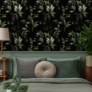 Botanical Wallpaper with Lush Leafy Branches in Green and Black - C790