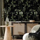 Botanical Wallpaper with Lush Leafy Branches in Green and Black - C790