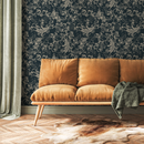 Art Nouveau Wallpaper with Vintage Floral Scrolls in Navy and Beige - C791