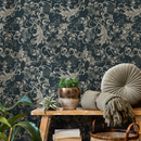 Art Nouveau Wallpaper with Vintage Floral Scrolls in Navy and Beige - C791